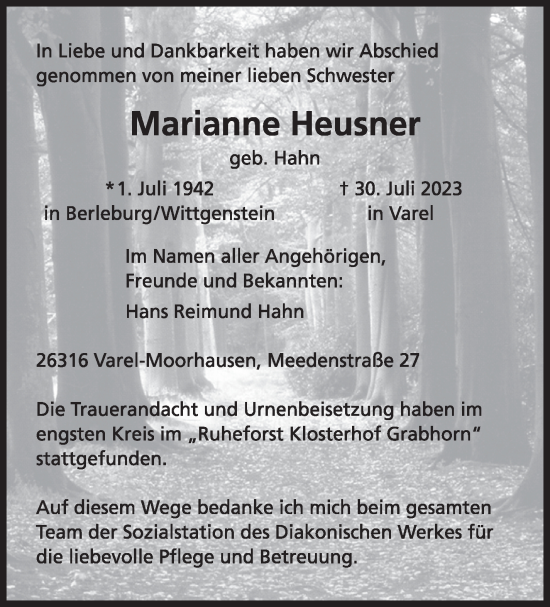 Traueranzeige von Marianne Heusner von Eßlinger Zeitung/Cannstatter Zeitung