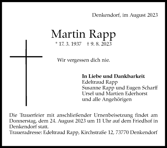 Traueranzeige von Martin Rapp von Eßlinger Zeitung/Cannstatter Zeitung