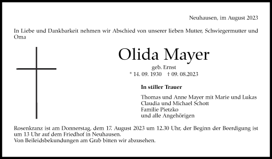 Traueranzeige von Olida Mayer von Eßlinger Zeitung/Cannstatter Zeitung