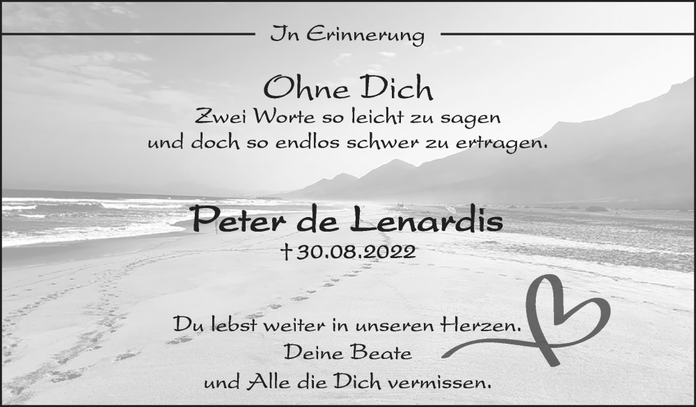  Traueranzeige für Peter de Lenardis vom 30.08.2023 aus Eßlinger Zeitung/Cannstatter Zeitung