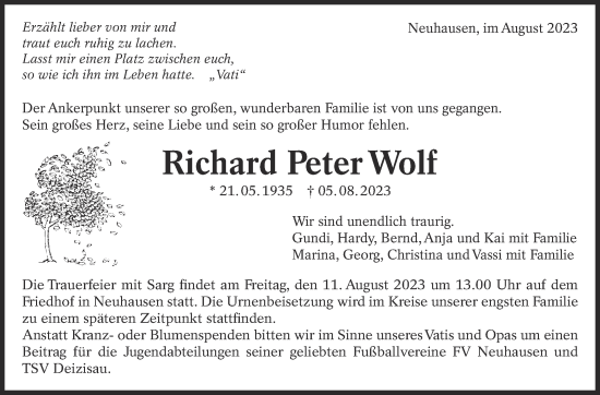 Traueranzeige von Richard Peter Wolf von Eßlinger Zeitung/Cannstatter Zeitung