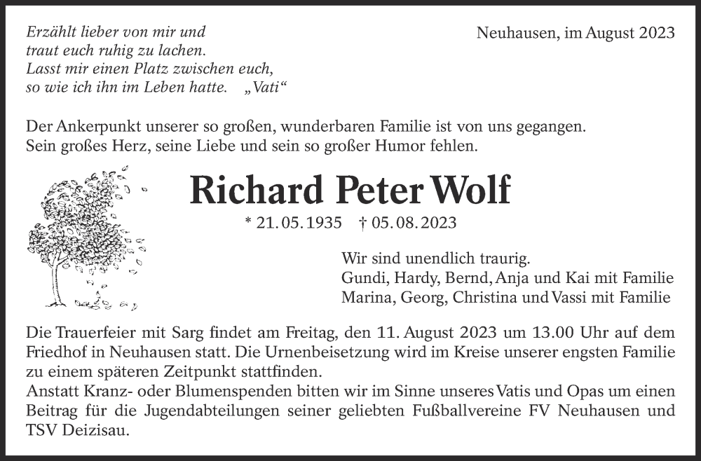 Traueranzeige für Richard Peter Wolf vom 10.08.2023 aus Eßlinger Zeitung/Cannstatter Zeitung