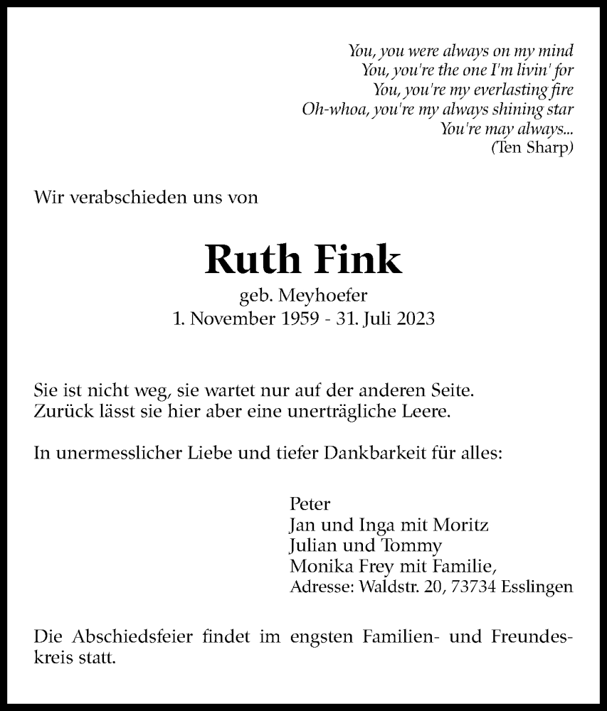  Traueranzeige für Ruth Fink vom 12.08.2023 aus Eßlinger Zeitung/Cannstatter Zeitung