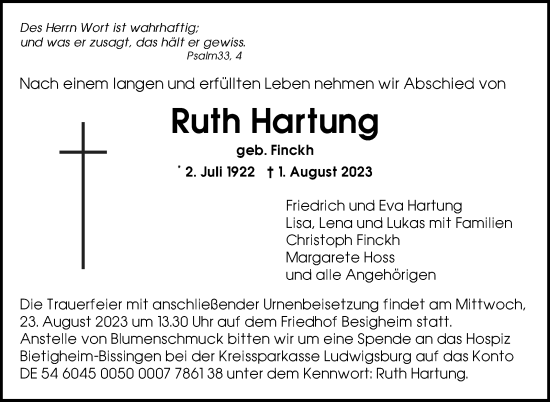 Traueranzeige von Ruth Hartung von Eßlinger Zeitung/Cannstatter Zeitung