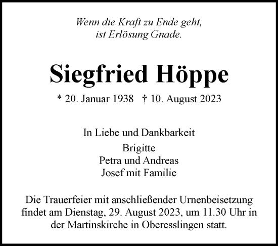 Traueranzeige von Siegfried Höppe von Eßlinger Zeitung/Cannstatter Zeitung