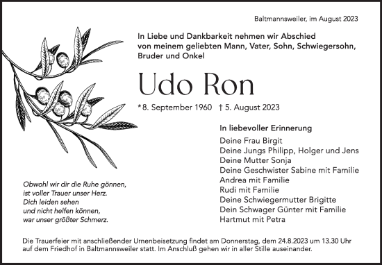 Traueranzeige von Udo Ron von Eßlinger Zeitung/Cannstatter Zeitung