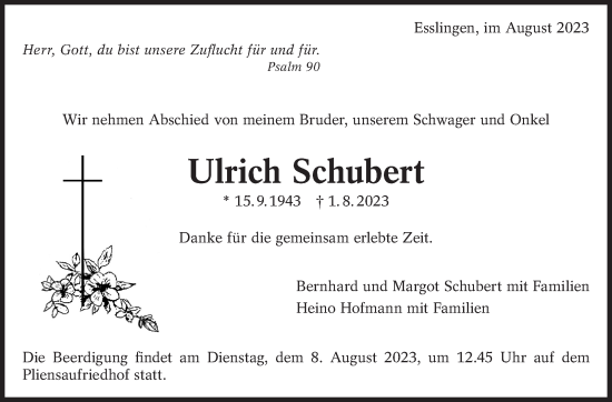 Traueranzeige von Ulrich Schubert von Eßlinger Zeitung/Cannstatter Zeitung