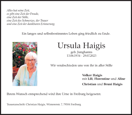 Traueranzeige von Ursula Haigis von Eßlinger Zeitung/Cannstatter Zeitung