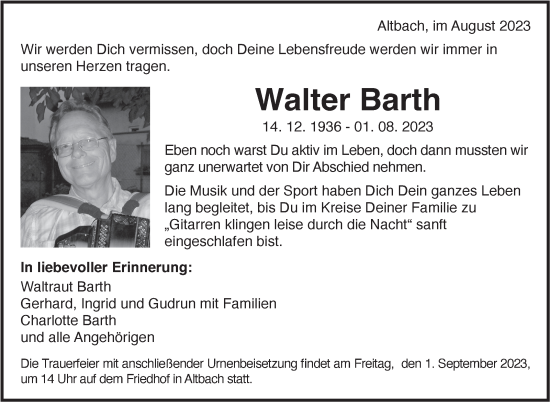 Traueranzeige von Walter Barth von Eßlinger Zeitung/Cannstatter Zeitung