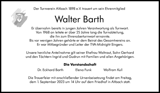 Traueranzeige von Walter Barth von Eßlinger Zeitung/Cannstatter Zeitung