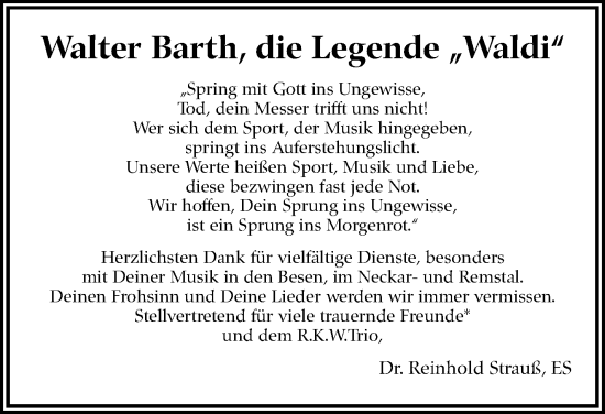 Traueranzeige von Walter Barth von Eßlinger Zeitung/Cannstatter Zeitung