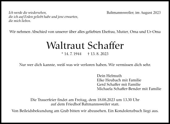 Traueranzeige von Waltraut Schaffer von Eßlinger Zeitung/Cannstatter Zeitung