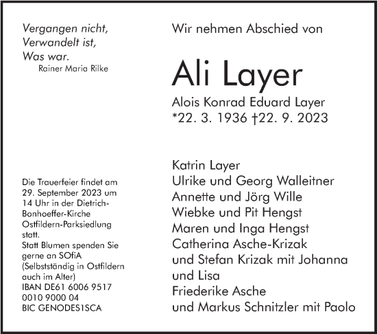 Traueranzeige von Ali Layer von Eßlinger Zeitung/Cannstatter Zeitung