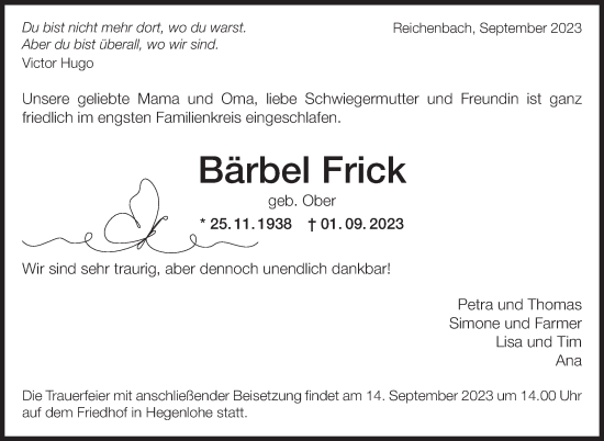 Traueranzeige von Bärbel Frick von Eßlinger Zeitung/Cannstatter Zeitung