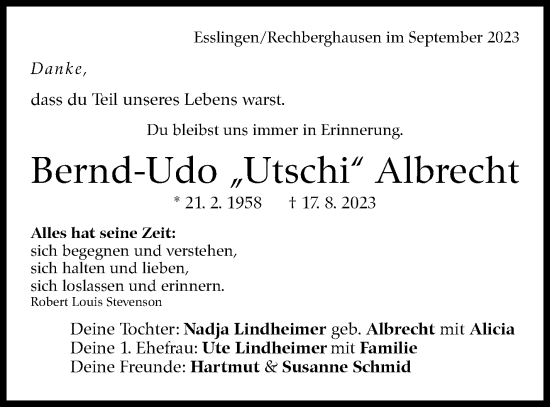 Traueranzeige von Bernd-Udo Albrecht von Eßlinger Zeitung/Cannstatter Zeitung