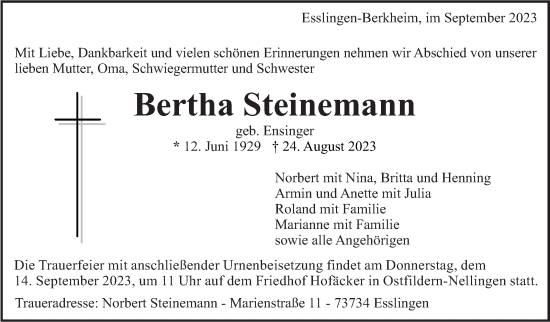 Traueranzeige von Bertha Steinemann von Eßlinger Zeitung/Cannstatter Zeitung