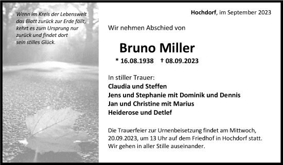 Traueranzeige von Bruno Miller von Eßlinger Zeitung/Cannstatter Zeitung