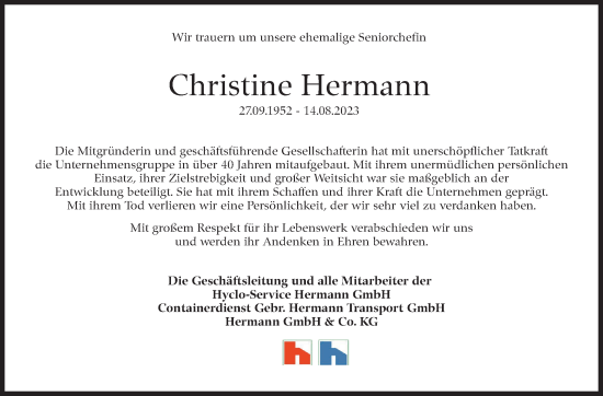 Traueranzeige von Christine Hermann von Eßlinger Zeitung/Cannstatter Zeitung