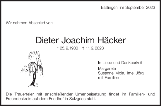 Traueranzeige von Dieter Joachim Häcker von Eßlinger Zeitung/Cannstatter Zeitung