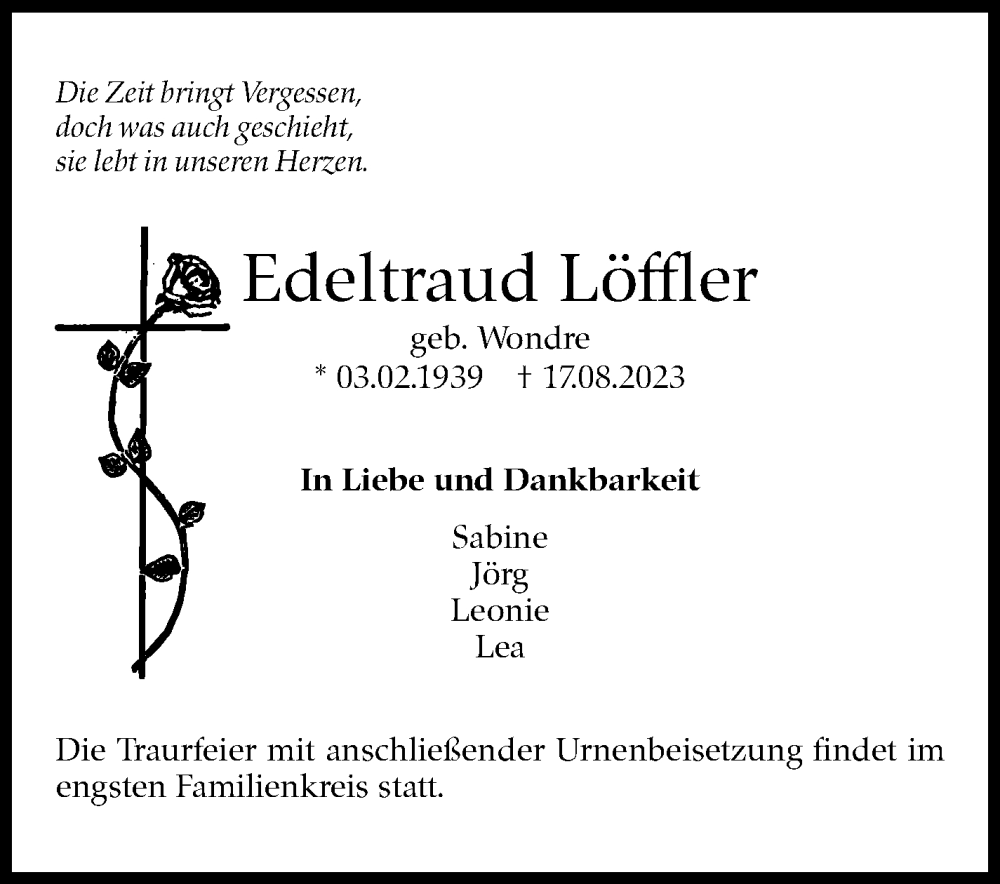  Traueranzeige für Edeltraud Löffler vom 31.08.2023 aus Eßlinger Zeitung/Cannstatter Zeitung