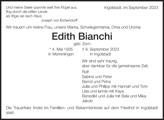 Traueranzeige von Edith Bianchi von Eßlinger Zeitung/Cannstatter Zeitung