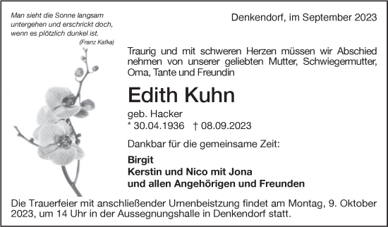 Traueranzeige von Edith Kuhn von Eßlinger Zeitung/Cannstatter Zeitung