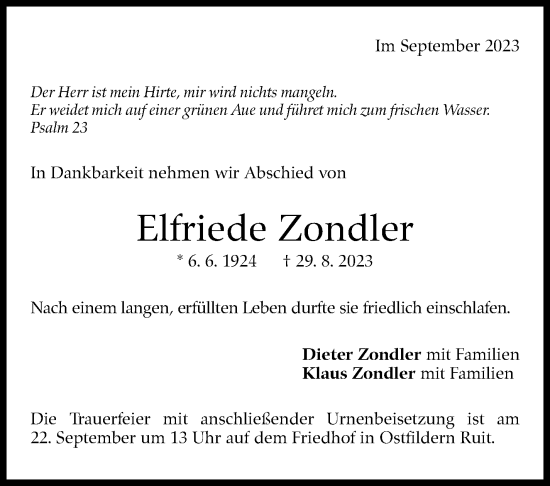 Traueranzeige von Elfriede Zondler von Eßlinger Zeitung/Cannstatter Zeitung