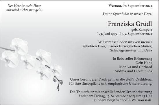 Traueranzeige von Franziska Grüdl von Eßlinger Zeitung/Cannstatter Zeitung
