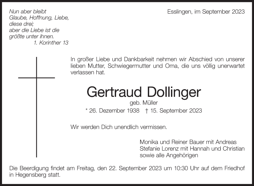  Traueranzeige für Gertraud Dollinger vom 20.09.2023 aus Eßlinger Zeitung/Cannstatter Zeitung