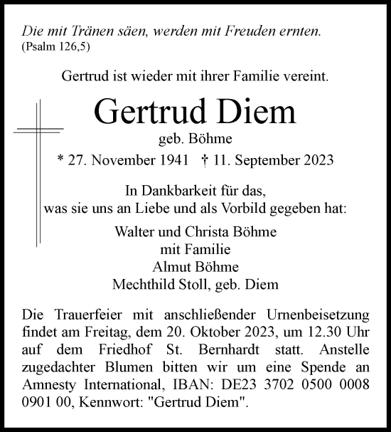 Traueranzeige von Gertrud Diem von Eßlinger Zeitung/Cannstatter Zeitung