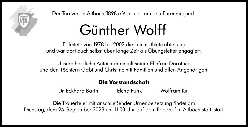  Traueranzeige für Günther Wolff vom 23.09.2023 aus Eßlinger Zeitung/Cannstatter Zeitung