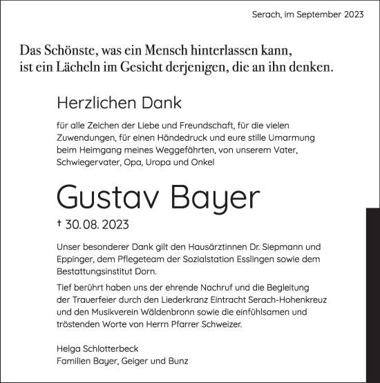 Traueranzeige von Gustav Bayer von Eßlinger Zeitung/Cannstatter Zeitung