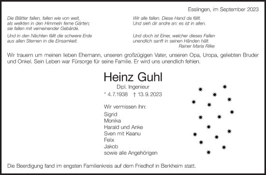 Traueranzeige von Heinz Guhl von Eßlinger Zeitung/Cannstatter Zeitung