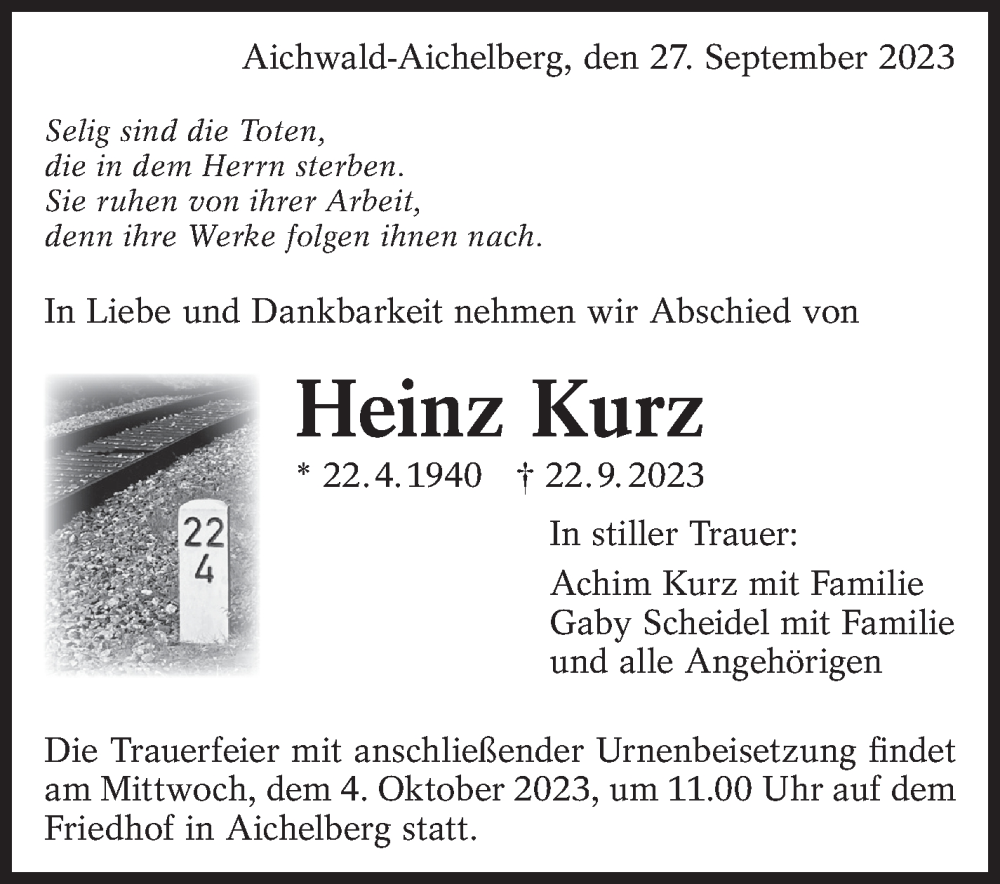  Traueranzeige für Heinz Kurz vom 27.09.2023 aus Eßlinger Zeitung/Cannstatter Zeitung