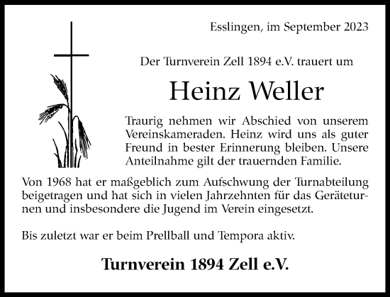 Traueranzeige von Heinz Weller von Eßlinger Zeitung/Cannstatter Zeitung