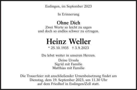 Traueranzeige von Heinz Weller von Eßlinger Zeitung/Cannstatter Zeitung