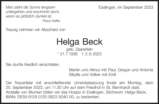 Traueranzeige von Helga Beck von Eßlinger Zeitung/Cannstatter Zeitung