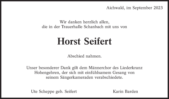 Traueranzeige von Horst Seifert von Eßlinger Zeitung/Cannstatter Zeitung