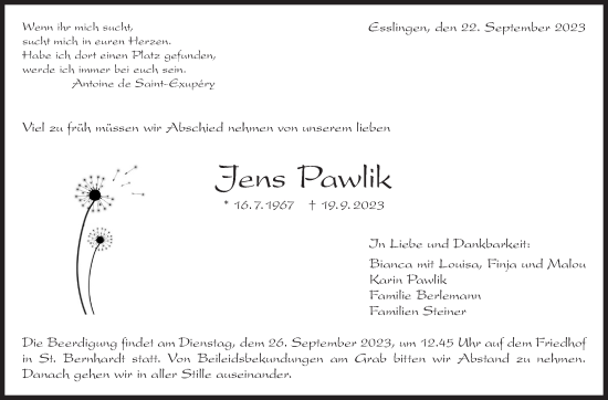 Traueranzeige von Jens Pawlik von Eßlinger Zeitung/Cannstatter Zeitung
