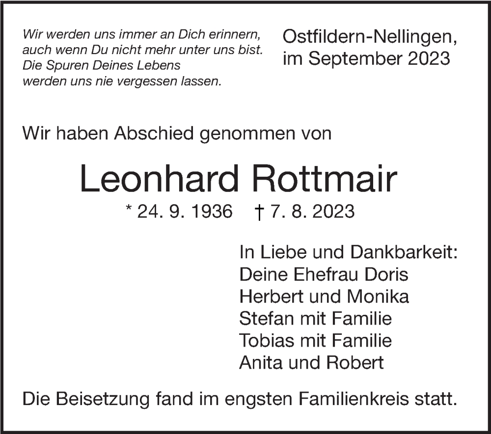  Traueranzeige für Leonhard Rottmair vom 07.09.2023 aus Eßlinger Zeitung/Cannstatter Zeitung