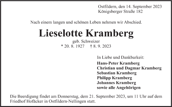 Traueranzeige von Lieselotte Kramberg von Eßlinger Zeitung/Cannstatter Zeitung