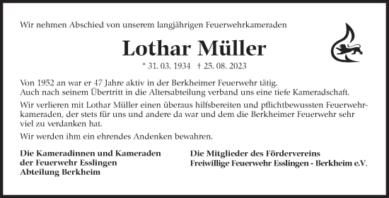Traueranzeige von Lothar Müller von Eßlinger Zeitung/Cannstatter Zeitung