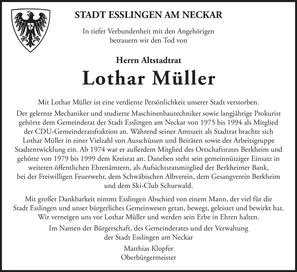  Traueranzeige für Lothar Müller vom 08.09.2023 aus Eßlinger Zeitung/Cannstatter Zeitung