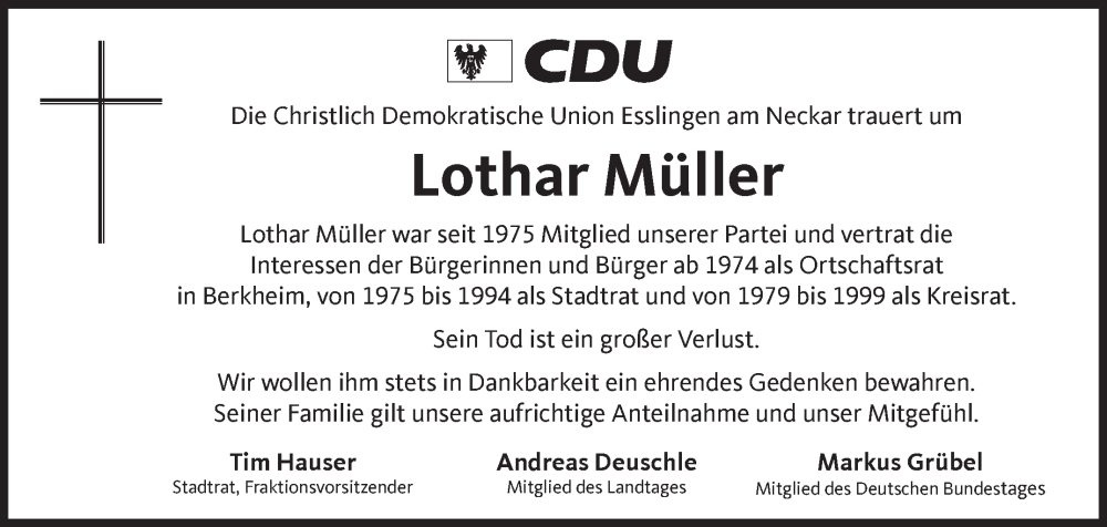  Traueranzeige für Lothar Müller vom 07.09.2023 aus Eßlinger Zeitung/Cannstatter Zeitung