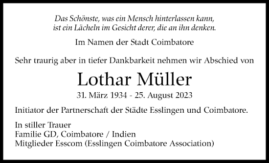 Traueranzeige von Lothar Müller von Eßlinger Zeitung/Cannstatter Zeitung