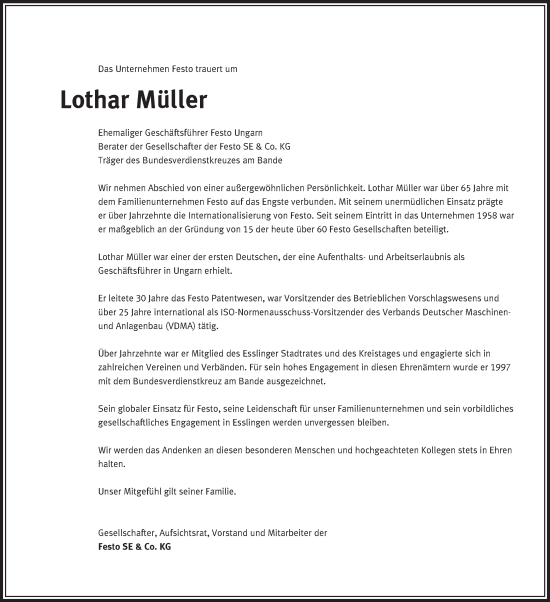 Traueranzeige von Lothar Müller von Eßlinger Zeitung/Cannstatter Zeitung