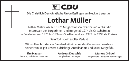 Traueranzeige von Lothar Müller von Eßlinger Zeitung/Cannstatter Zeitung