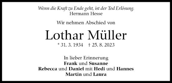 Traueranzeige von Lothar Müller von Eßlinger Zeitung/Cannstatter Zeitung