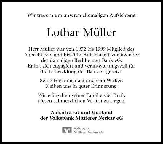 Traueranzeige von Lothar Müller von Eßlinger Zeitung/Cannstatter Zeitung