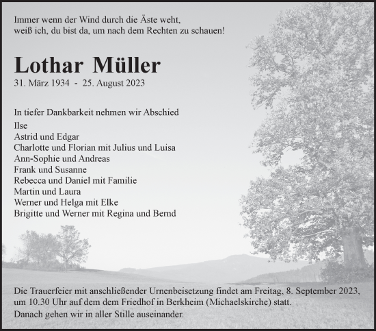 Traueranzeige von Lothar Müller von Eßlinger Zeitung/Cannstatter Zeitung
